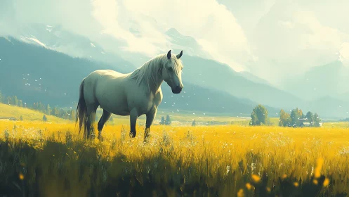 White horse in golden valley beneath distant snowy peaks.