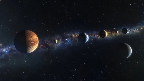 Rendered planetary alignment is shown against dense starfield
