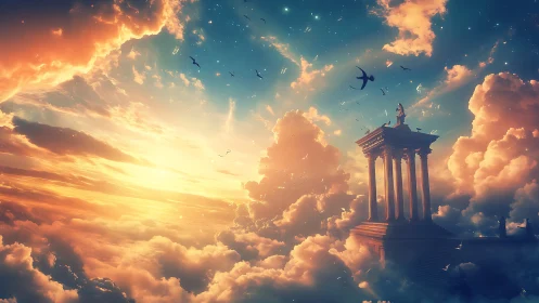 Celestial temple rises above stratified clouds at radiant dusk