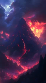 Massive stratovolcano eruption with lava rivers and storm clouds