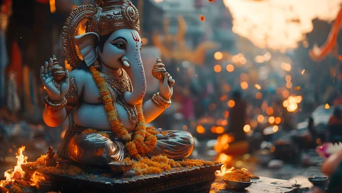 Sacred Ganesha idol glows amid festive street firelight