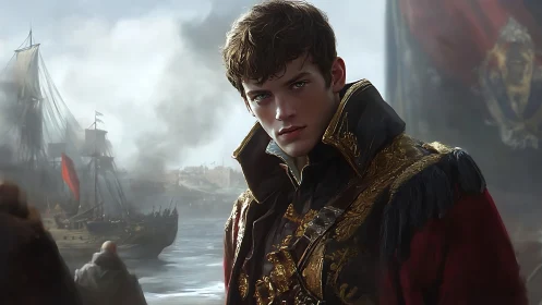 Digital painting portrait of naval officer in baroque regalia.