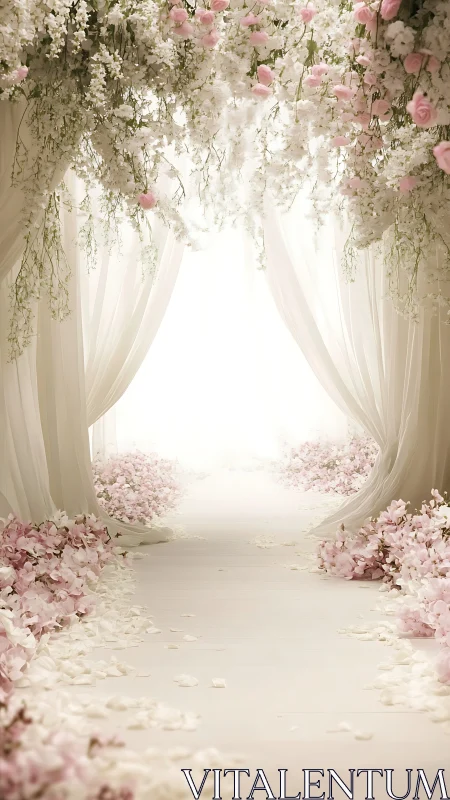 Ceremonial aisle with cascading white florals and soft drapery