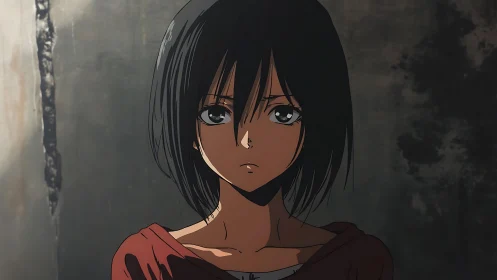 Anime girl with short dark hair against worn concrete wall.