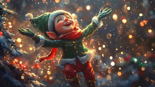 Joyful Christmas elf under dynamic bokeh lighting and snowfall