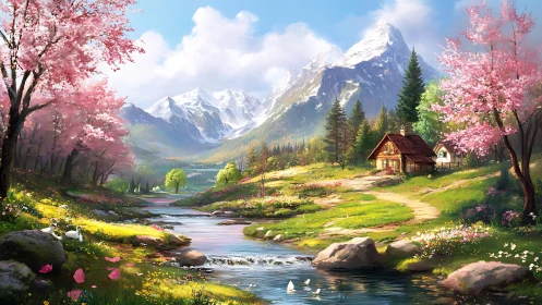 Idyllic alpine valley stream unites cottage and cherry bloom