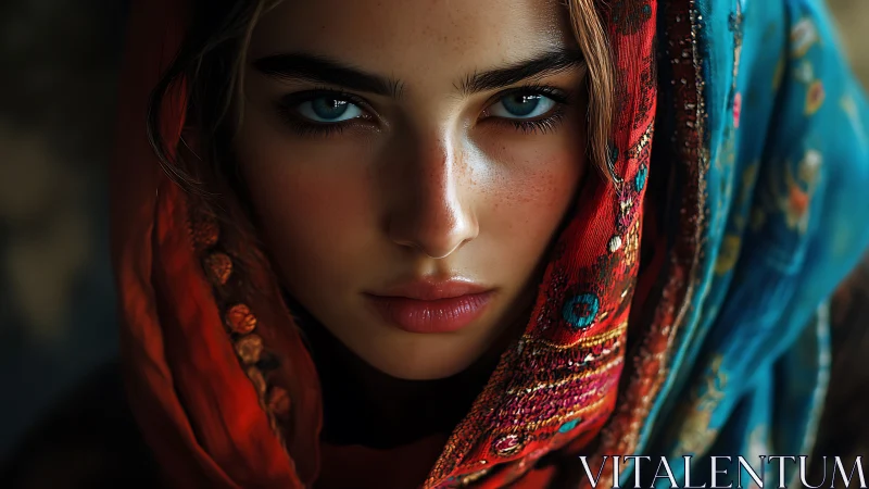 Intense blue-eyed portrait framed by vivid patterned scarf.
