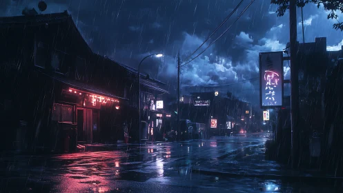 Neon rainstorm hush over midnight backstreet crossroads.