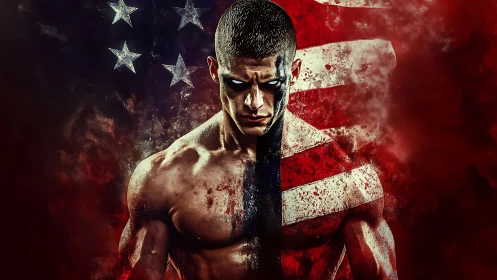 Muscular athlete posed against distressed American flag background