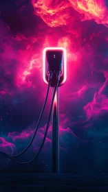 Neon nebula charger standing like a cosmic fueling totem.