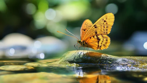 Golden butterfly rests on wet river stone under soft bokeh light