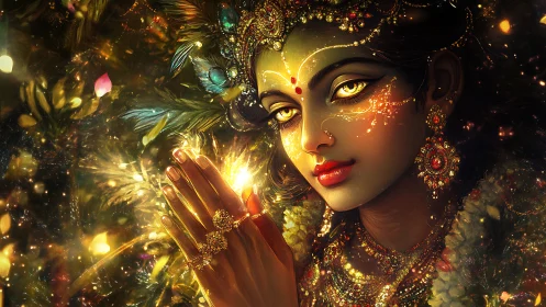 Golden-eyed celestial muse in jeweled sacred radiance.