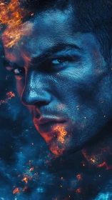 Fiery blue portrait reveals a determined face amid glowing embers