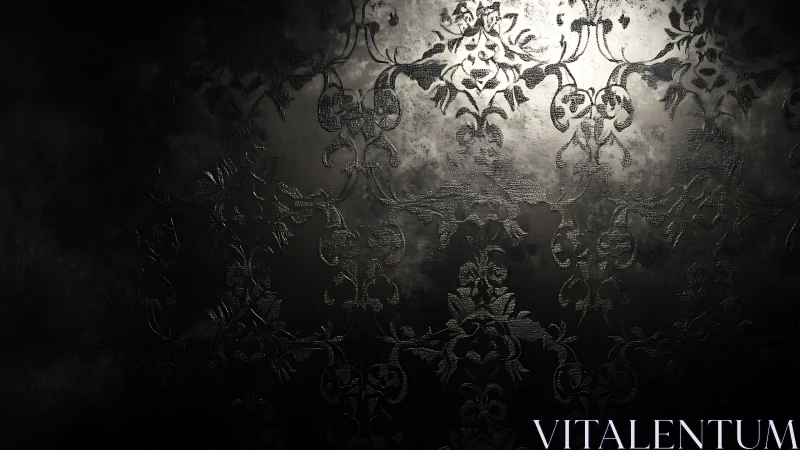 Dark ornate damask pattern with subtle metallic lighting.