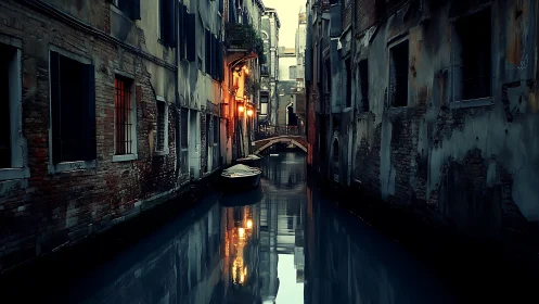 Narrow Venetian canal reflects moody dusk lights and facades