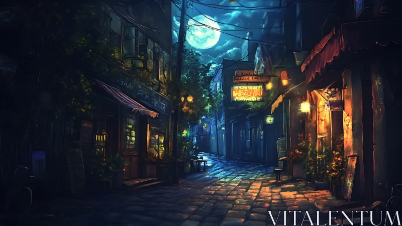 Moonlit alleyway shows glowing shopfronts and wet cobblestones