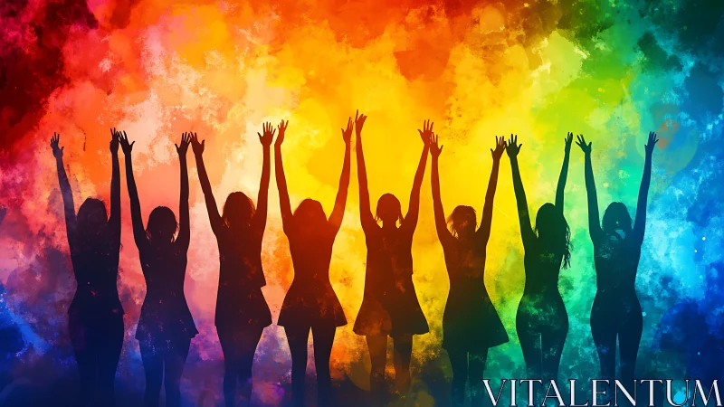 Silhouetted Women Celebrating Against a Vivid Rainbow Background.