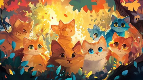 Enchanted Autumn Forest: Whimsical Cats Among Golden Leaves