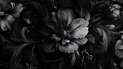 Baroque Floral Engraving: Dramatic Black and White Botanical Composition.