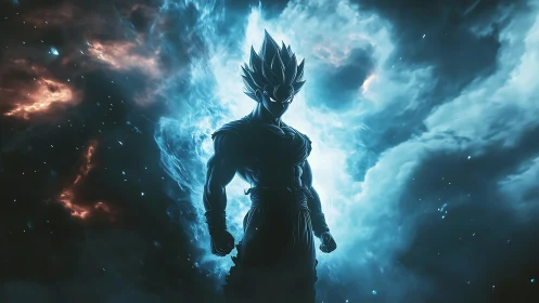 Powerful anime warrior silhouette in glowing cosmic storm.