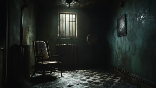 Quiet chair in a forgotten green room of ghostly light.