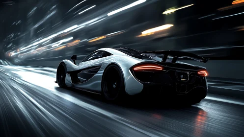 White supercar on wet city highway at night in motion blur.