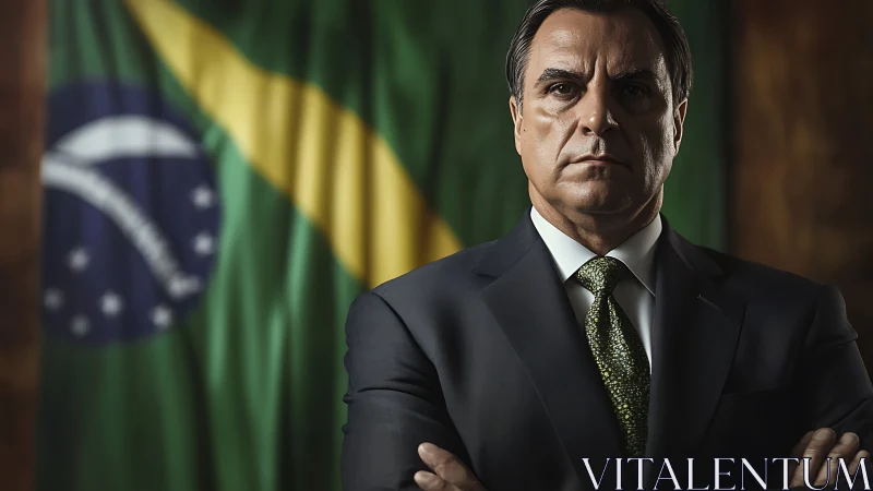 Confident leader standing before a bold Brazilian flag backdrop.