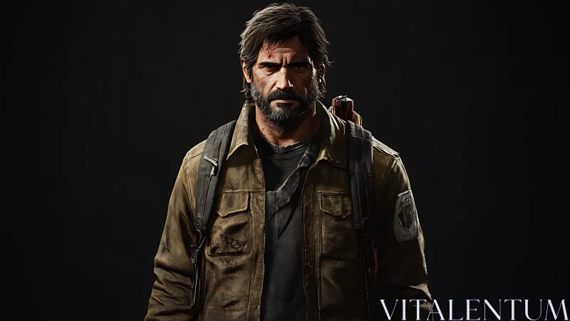 Weathered survivor in tactical jacket under moody light.