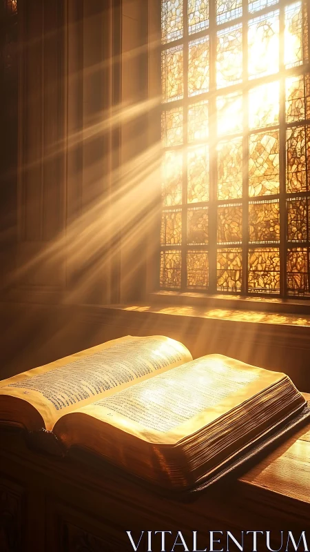 Sunlit illuminated manuscript rests beneath glowing stained glass