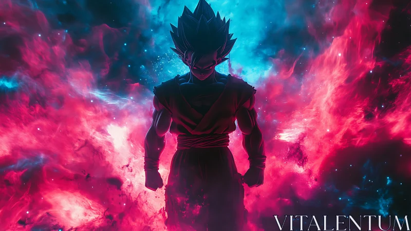 Cosmic warrior silhouette emerges from radiant nebula storm.