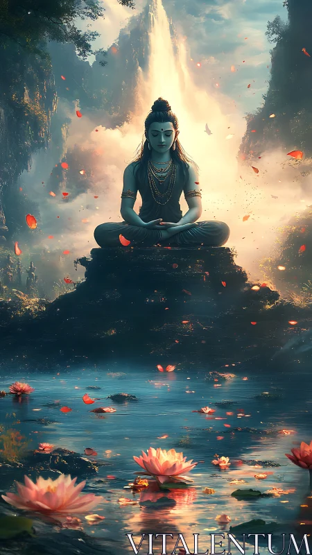 Lotus-bright serenity cradles a meditating mountain god