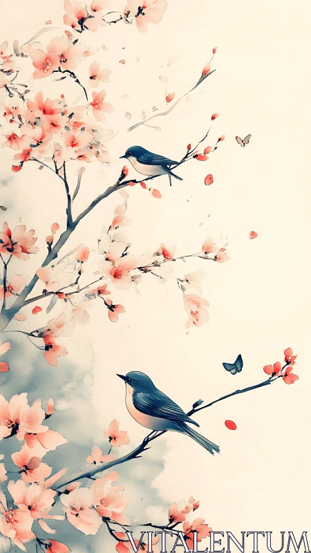 Gentle spring songbirds resting in soft cherry blossoms.