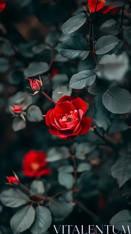 Close-range botanical specimen: Deep red rose blooms with teal foliage composition