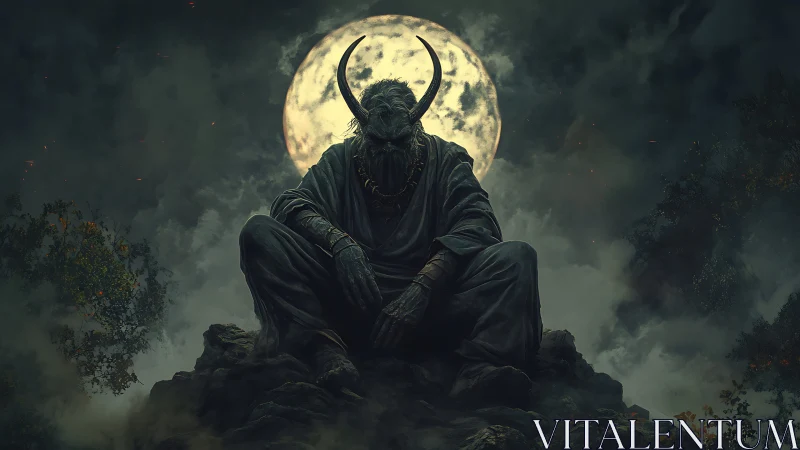 Midnight horned guardian rests beneath the glowing full moon