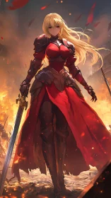 Armored blonde warrior stands in front of burning battlefield