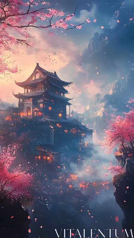 Mountain temple complex under glowing sky and blossoms.