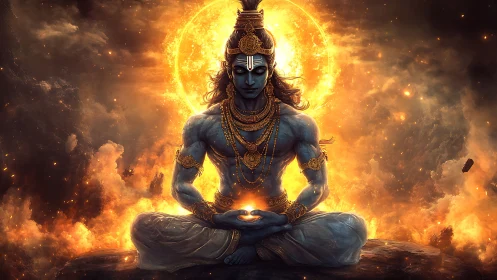 Celestial blue deity meditating before radiant solar halo.