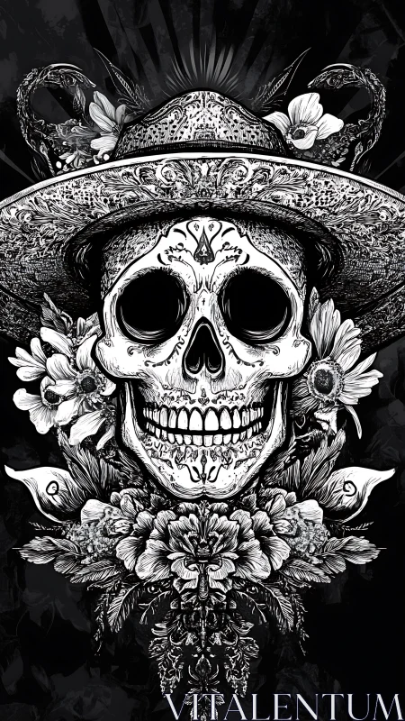 Ornate skull wears wide hat within dense floral symmetry