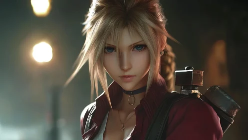 Female anime warrior portrait shows focused, direct gaze