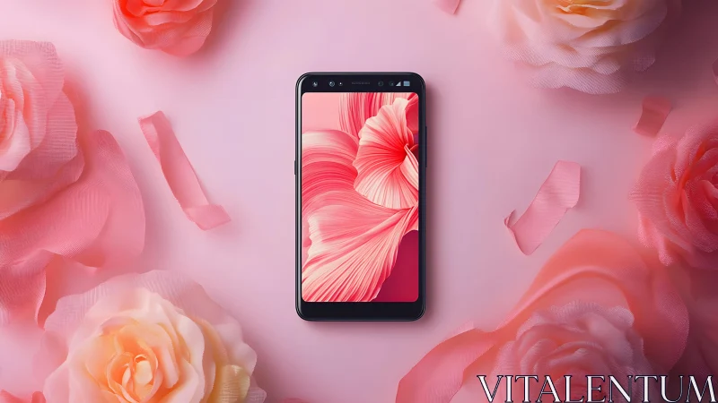 Elegant Smartphone on Pink Floral Background with Soft Lighting.