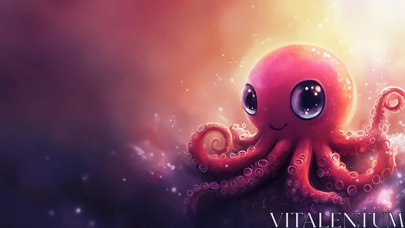 Pink cartoon octopus with large eyes in glowing seascape.
