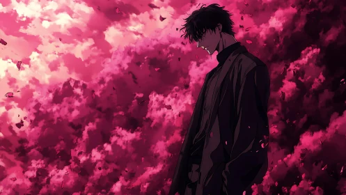Solitary figure before dense red cloud and drifting petals.