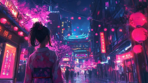 Neon blossoms and quiet footsteps in a midnight city street.
