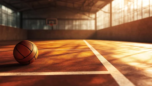 Basketball rests on indoor court under directional side light