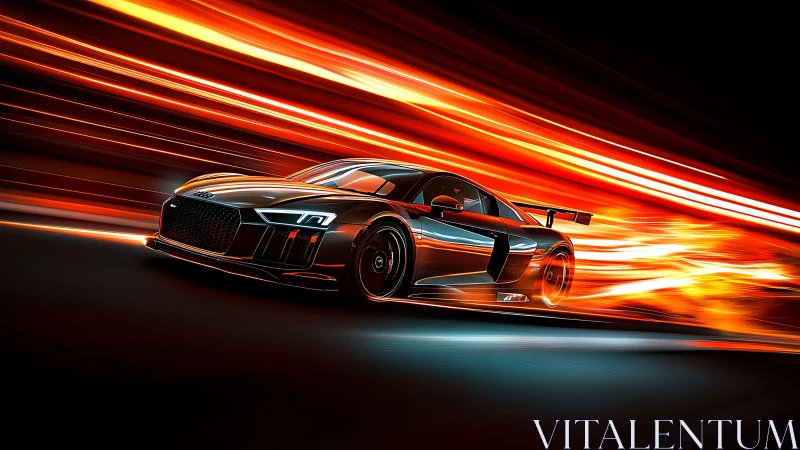 Flaming motion streaks framing a futuristic race car.