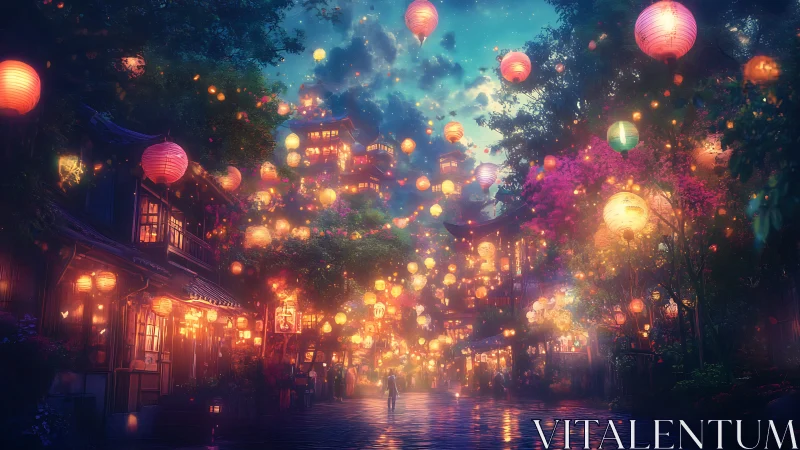 Lantern filled night street in vibrant fantasy townscape.