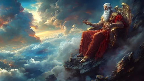 Sky throne deity seated above glowing clouds at sunset.
