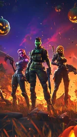 Neon tactical trio in fiery Halloween battlefield environment