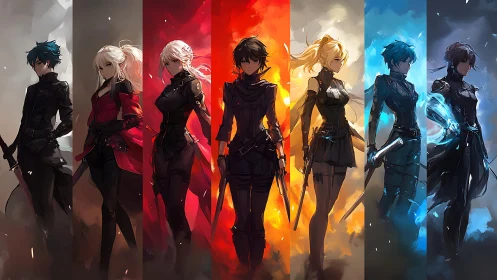 Elemental anime guardians standing united in glowing color.