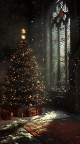Gothic hall Christmas tree illuminated by stained-glass light